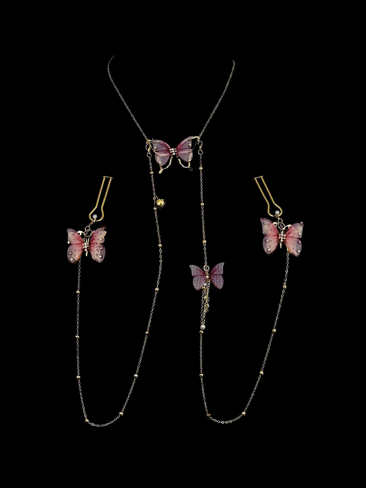 Gothic Butterfly Choker - Sheer Mesh Pearl with Body Chain angle view | Blackyyds