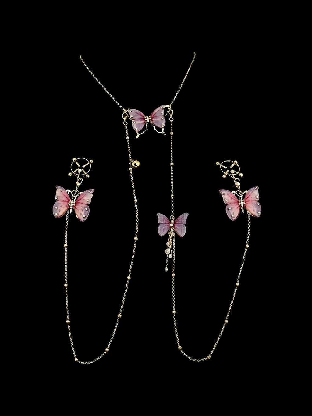 Gothic Butterfly Choker - Sheer Mesh Pearl with Body Chain belly chain detail shot | Blackyyds