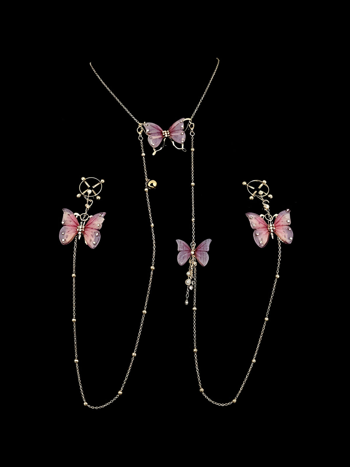 Gothic Butterfly Choker - Sheer Mesh Pearl with Body Chain belly chain detail shot | Blackyyds