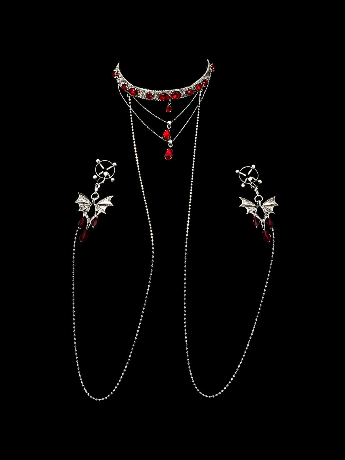 Gothic Butterfly Red Crystal Choker - with Body Chain close-up detail | Blackyyds