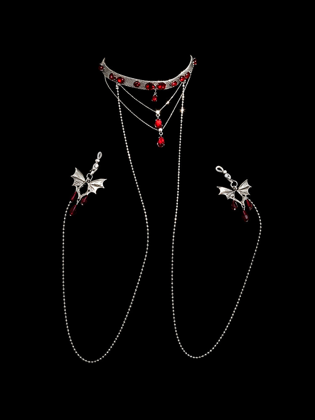 Gothic Butterfly Red Crystal Choker - with Body Chain product view 2 | Blackyyds
