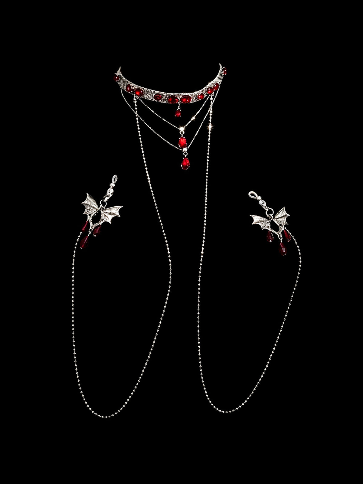 Gothic Butterfly Red Crystal Choker - with Body Chain product view 2 | Blackyyds