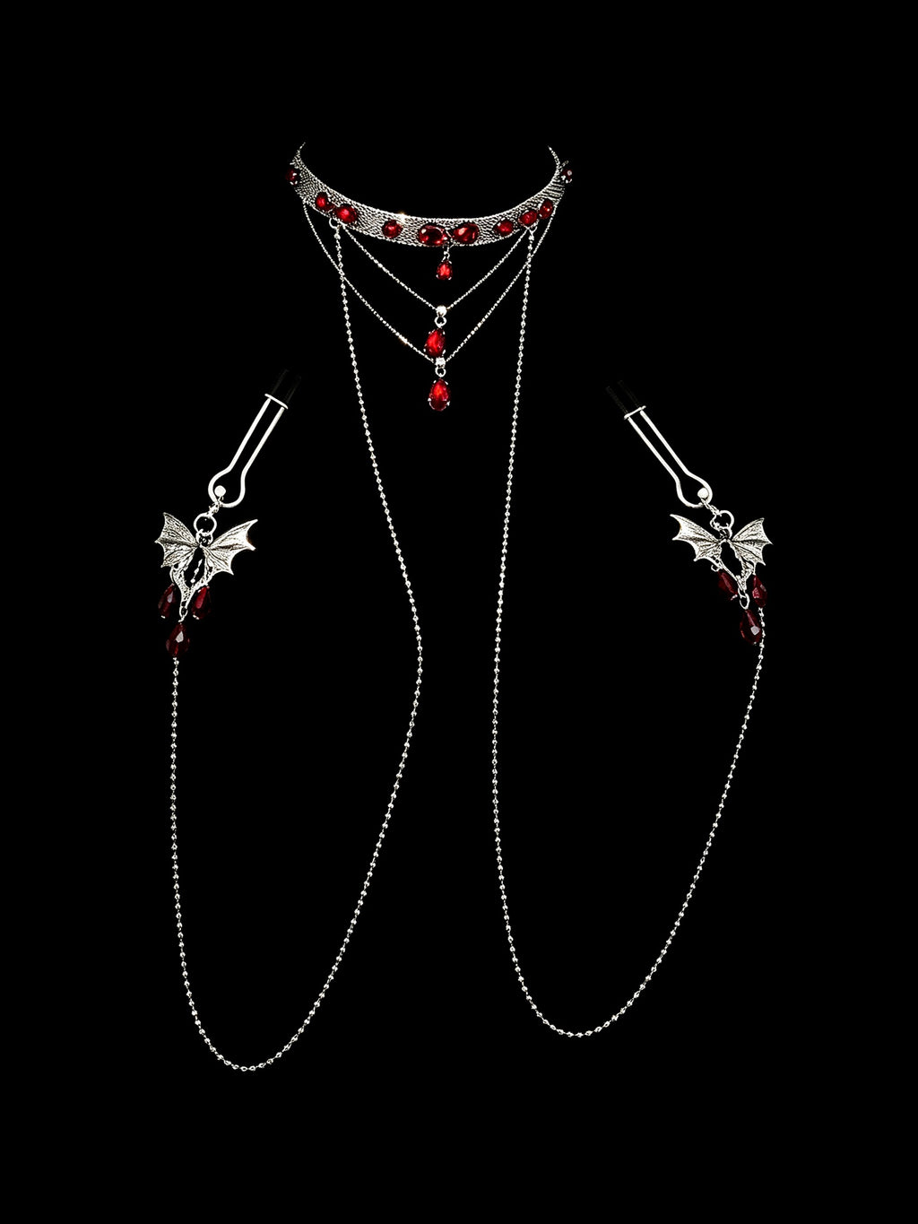 Gothic Butterfly Red Crystal Choker - with Body Chain angle view | Blackyyds