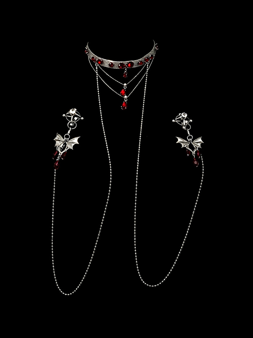 Gothic Butterfly Red Crystal Choker - with Body Chain belly chain detail shot | Blackyyds