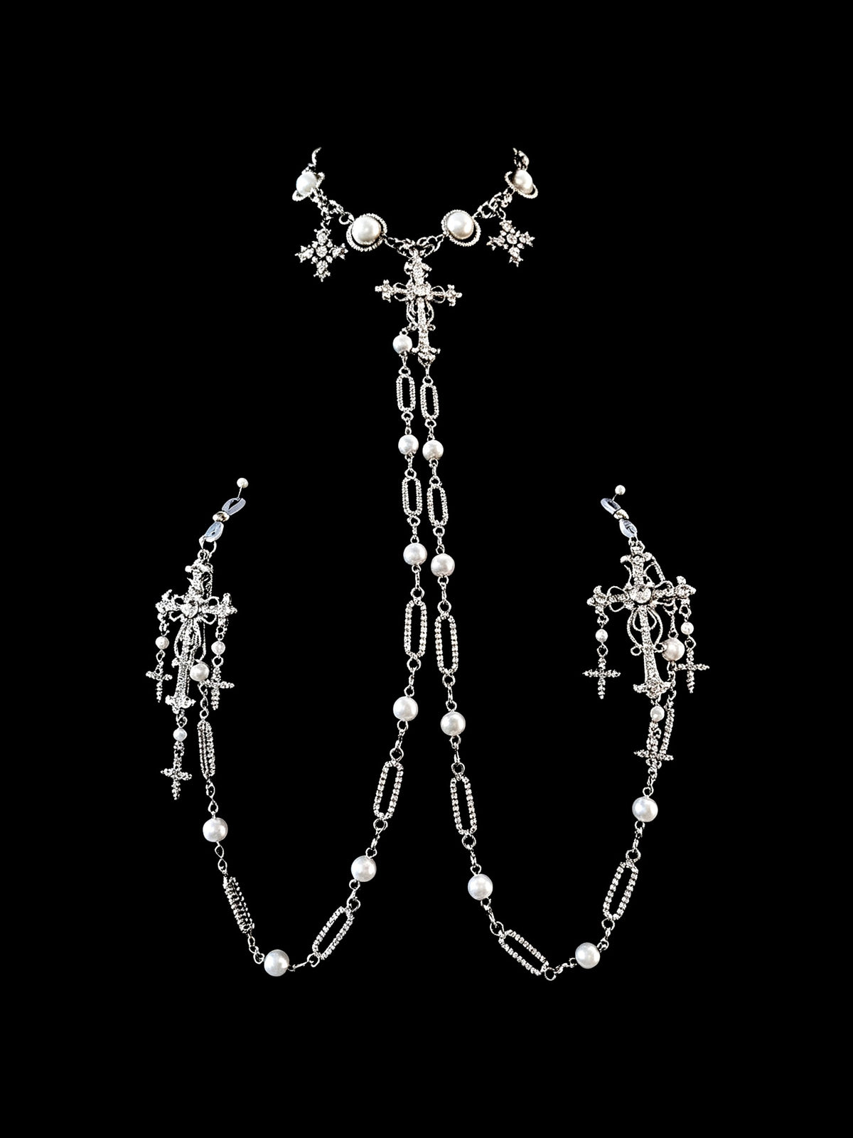 Gothic Cross Pendant - Pearl with Body Chain - gothic choker | Blackyyds