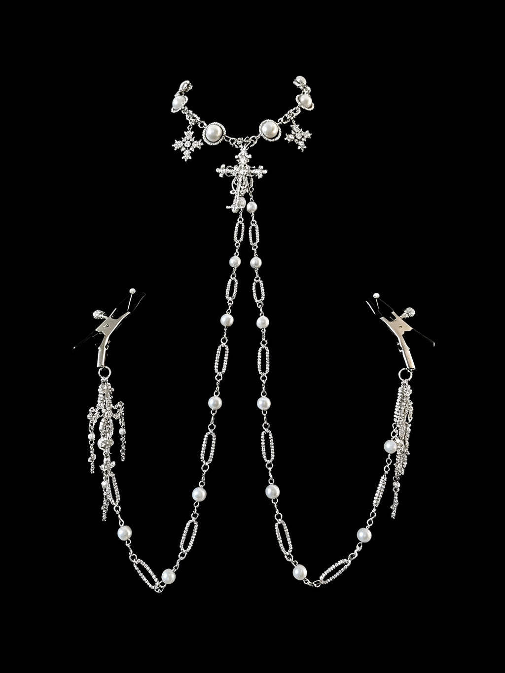Gothic Cross Pendant - Pearl with Body Chain close-up detail | Blackyyds