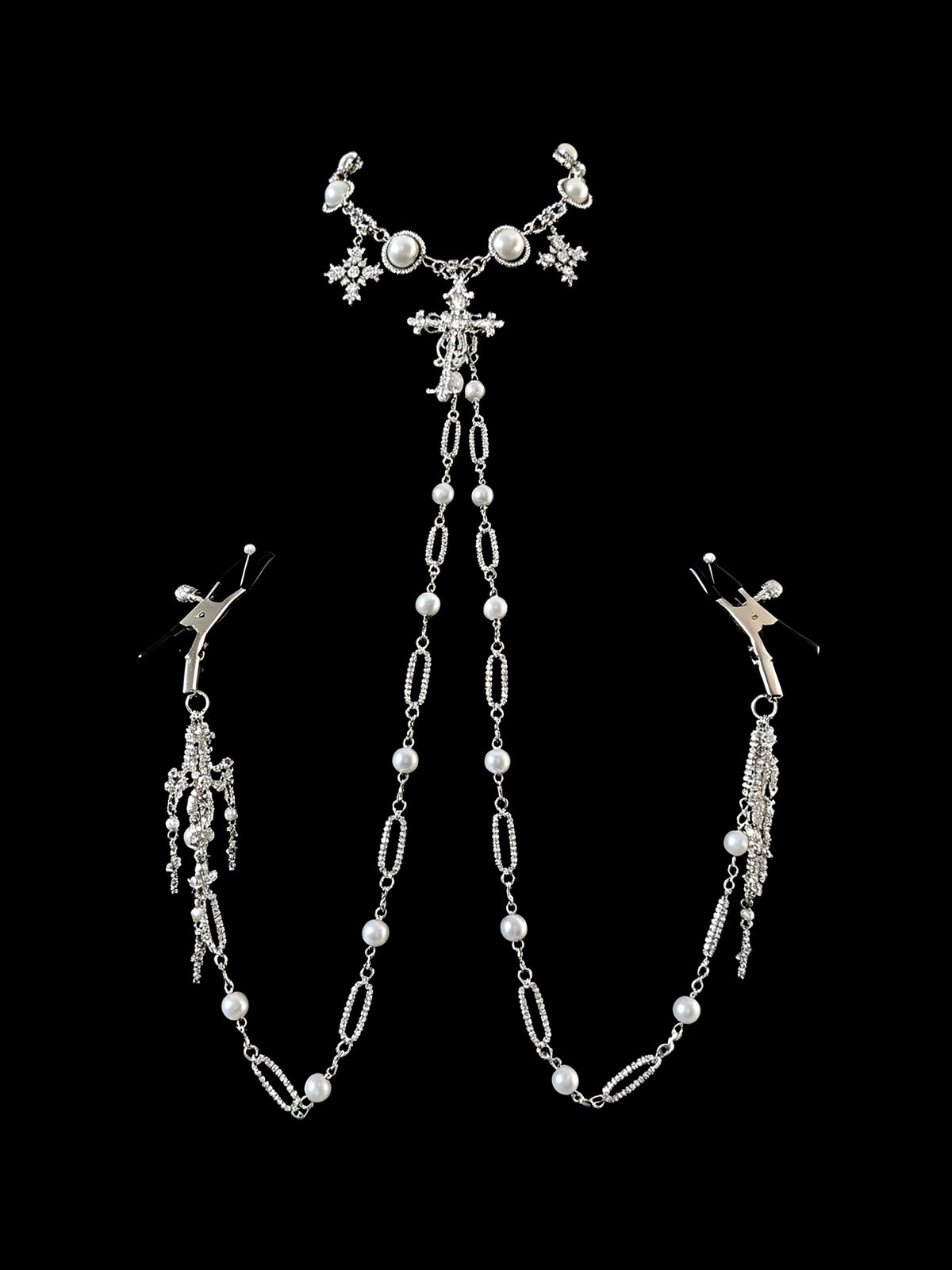 Gothic Cross Pendant - Pearl with Body Chain close-up detail | Blackyyds
