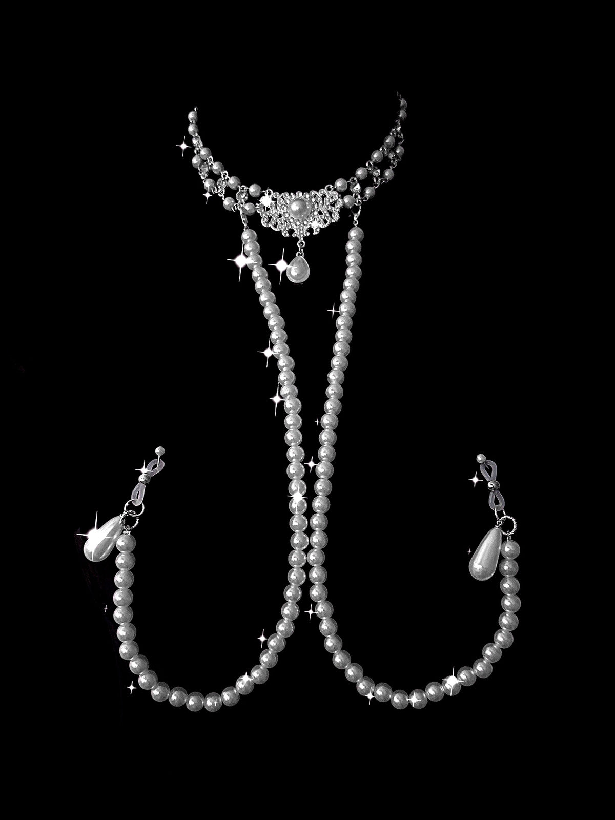 Gothic Floral Hairpin Choker - Pearl with Elastic Body Chain | Blackyyds