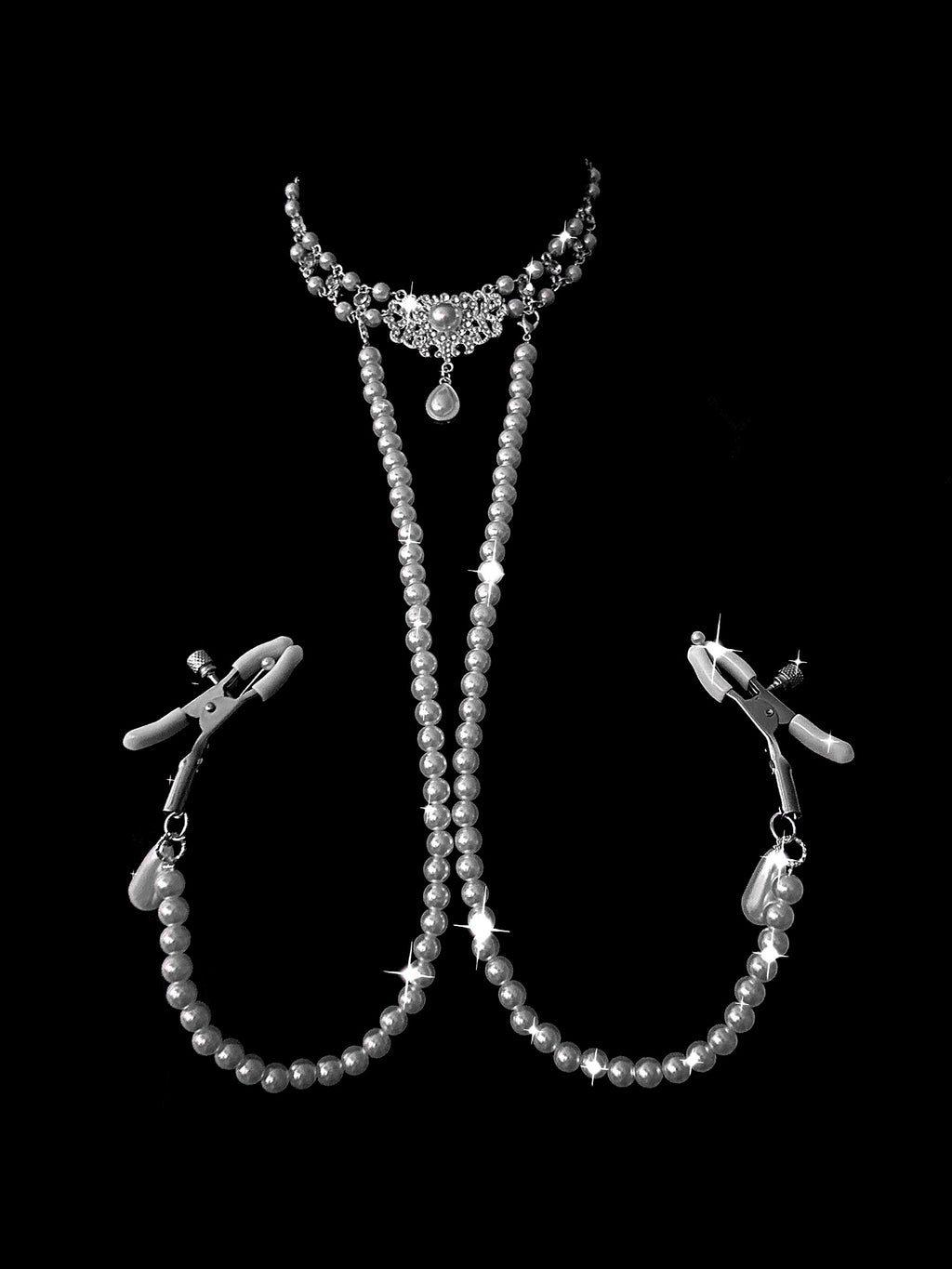 Gothic Floral Hairpin Choker - Pearl with Elastic Body Chain close-up detail | Blackyyds