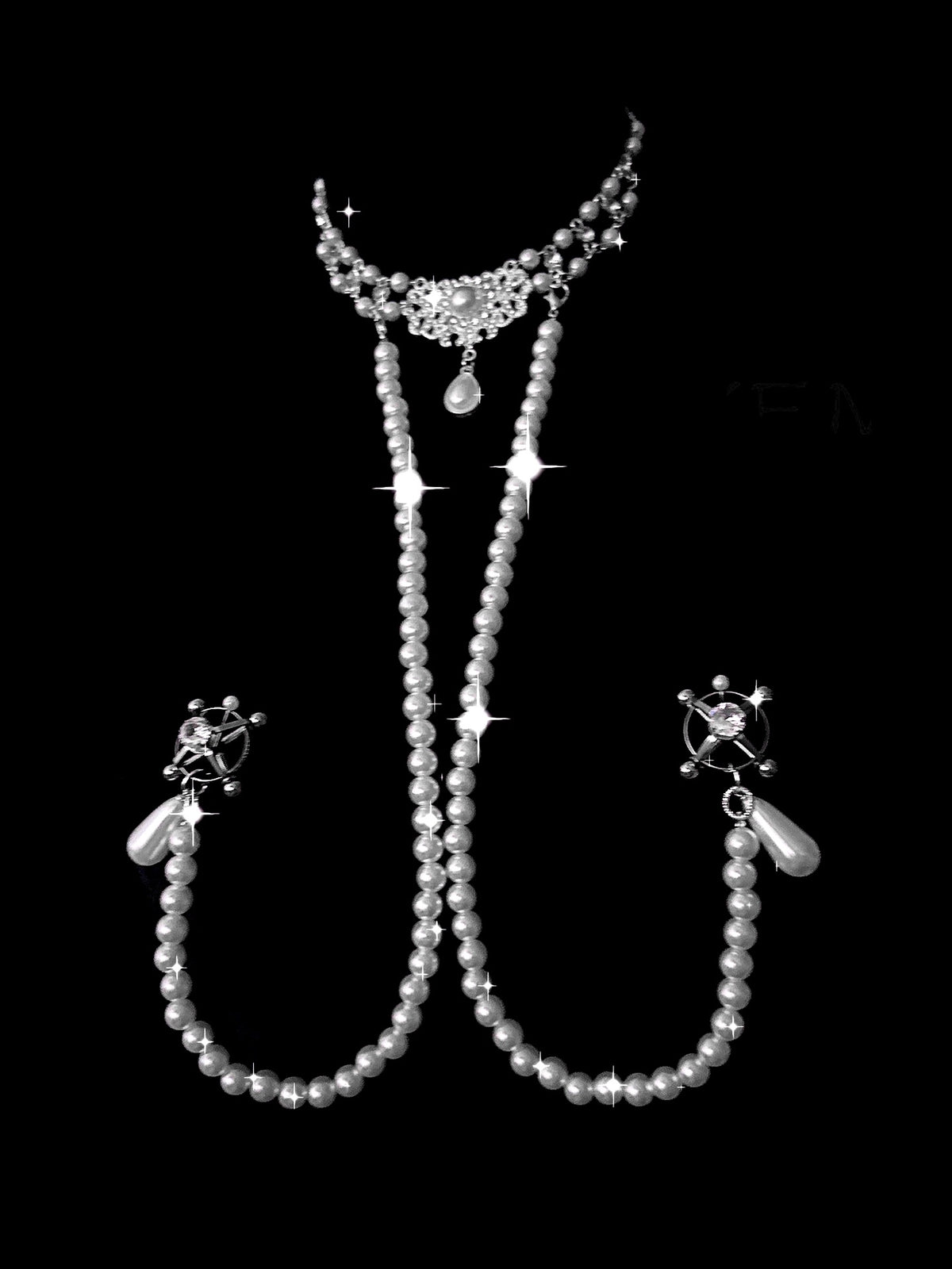 Gothic Floral Hairpin Choker - Pearl with Elastic Body Chain product view 2 | Blackyyds