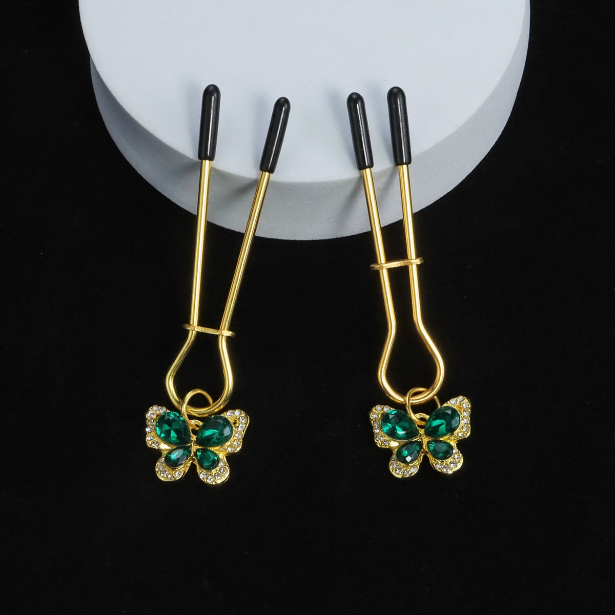 Gothic Green Crystal Butterfly Bell Chain Pendant - Clip Attachment close-up detail | Blackyyds
