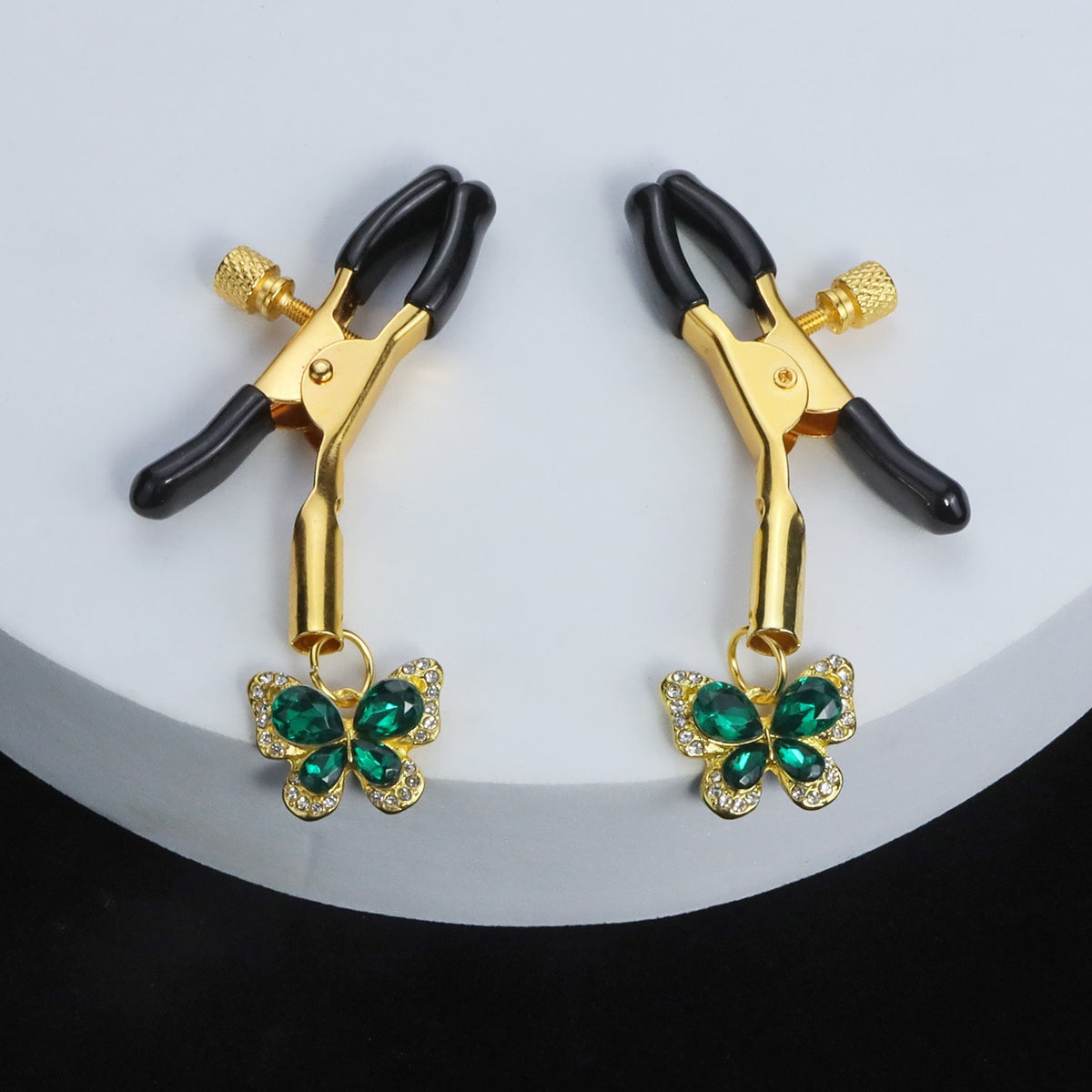 Gothic Green Crystal Butterfly Bell Chain Pendant - Clip Attachment gothic jewelry detail shot | Blackyyds
