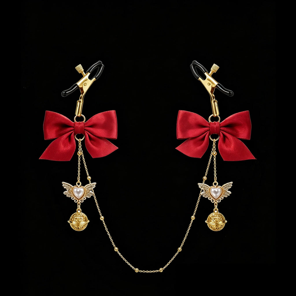 red gold heart angel bow pendant front view | Blackyyds