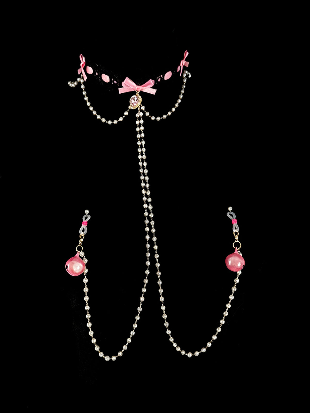 Gothic Lace Choker - Black-and-Pink with Body Chain close-up detail | Blackyyds