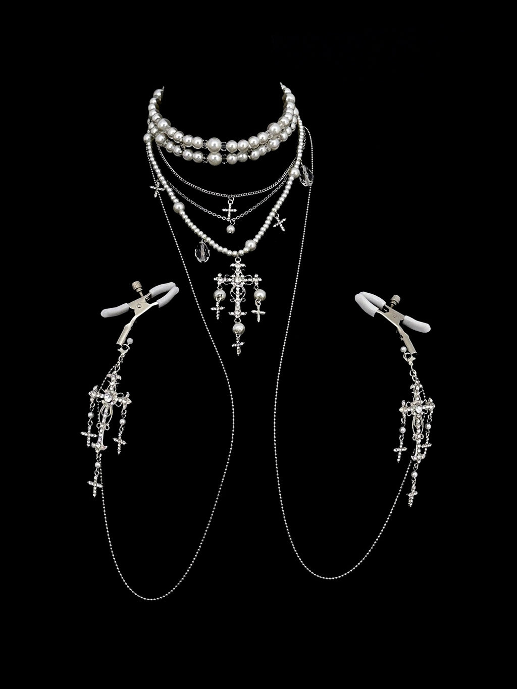 Gothic Layered Choker - Pearl with Body Chain close-up detail | Blackyyds