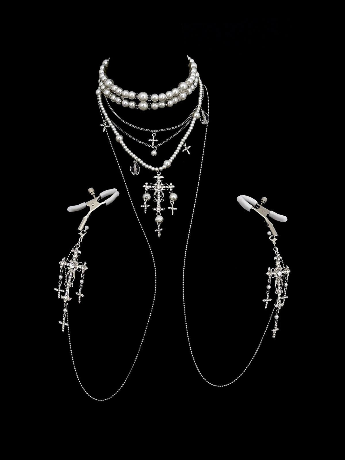 Gothic Layered Choker - Pearl with Body Chain close-up detail | Blackyyds