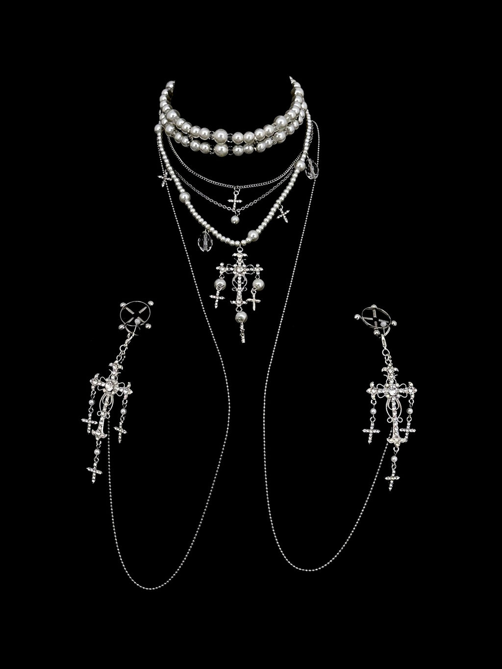 Gothic Layered Choker - Pearl with Body Chain product view 2 | Blackyyds