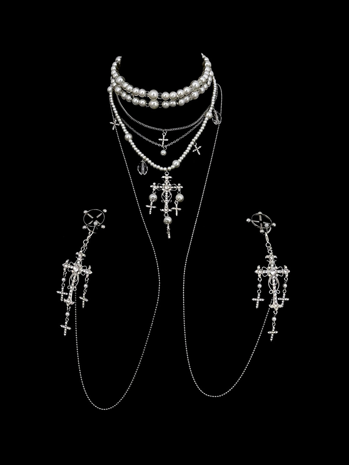 Gothic Layered Choker - Pearl with Body Chain product view 2 | Blackyyds