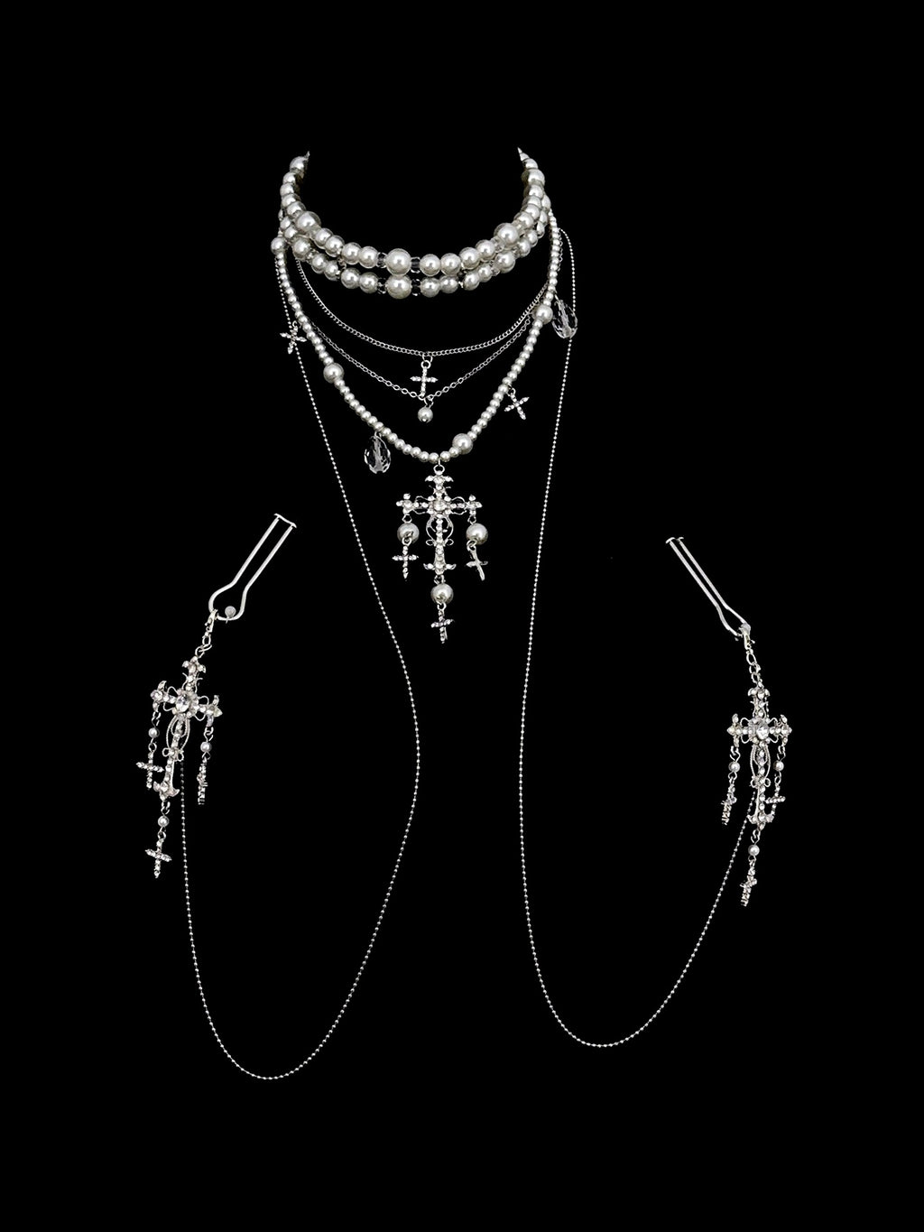 Gothic Layered Choker - Pearl with Body Chain angle view | Blackyyds