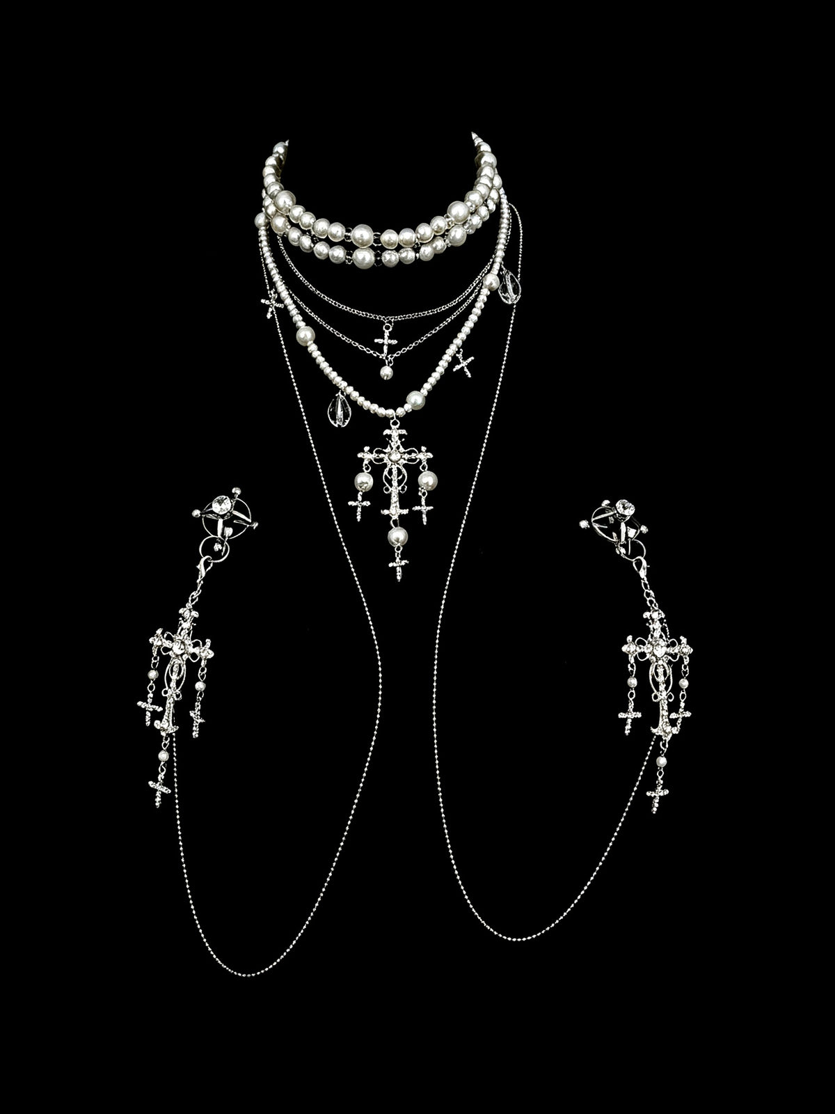 Gothic Layered Choker - Pearl with Body Chain belly chain detail shot | Blackyyds