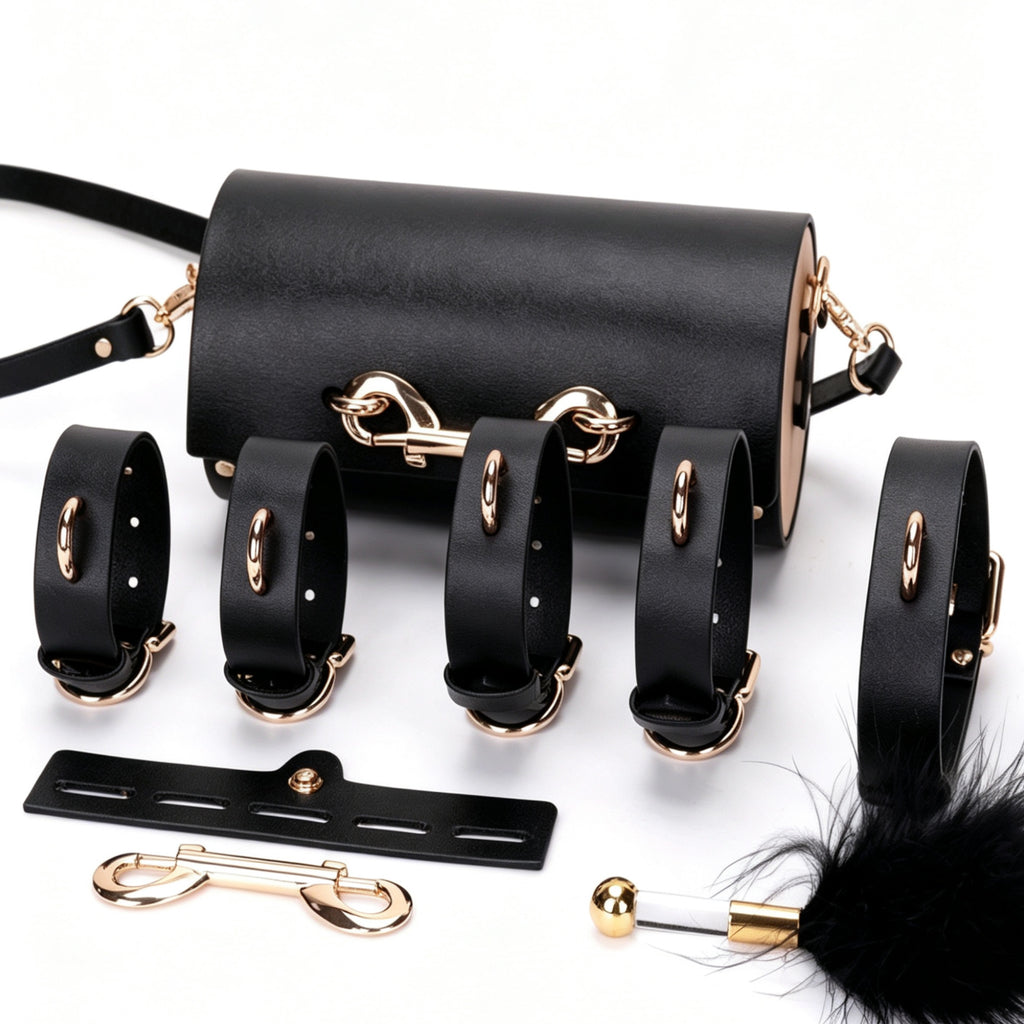 Gothic Leather Cuff Choker Bracelet Set - 8-Piece Black-and-Red close-up detail | Blackyyds