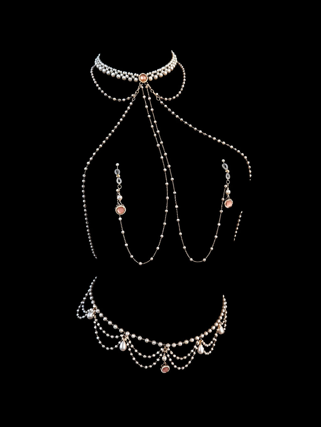 Gothic Pearl Choker - Rhinestone with Body Chain | Blackyyds