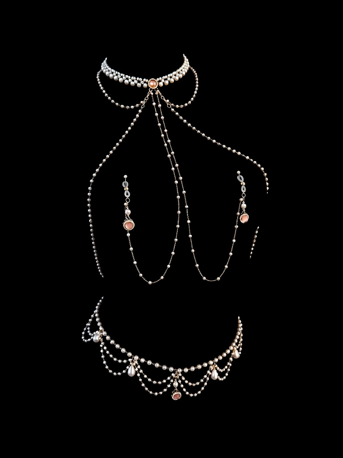 Gothic Pearl Choker - Rhinestone with Body Chain | Blackyyds