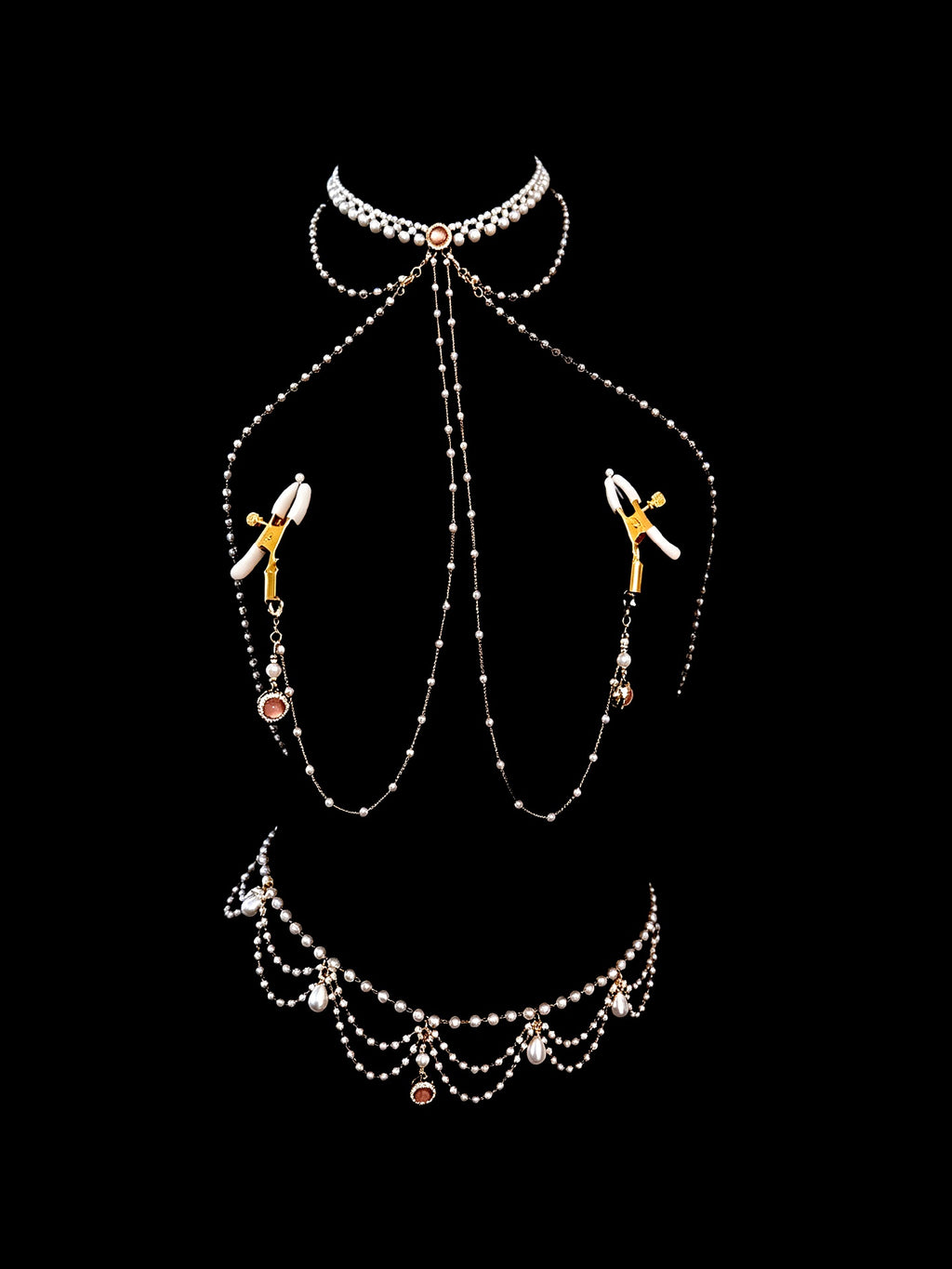 Gothic Pearl Choker - Rhinestone with Body Chain close-up detail | Blackyyds