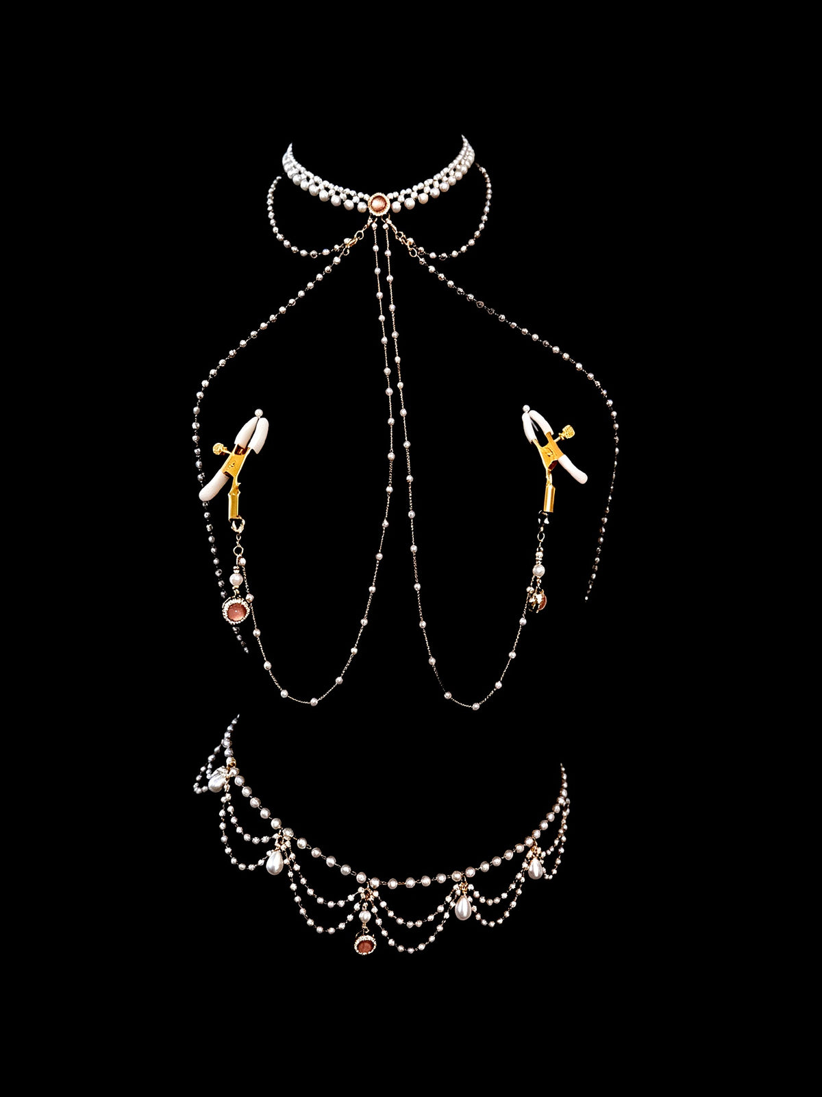 Gothic Pearl Choker - Rhinestone with Body Chain close-up detail | Blackyyds