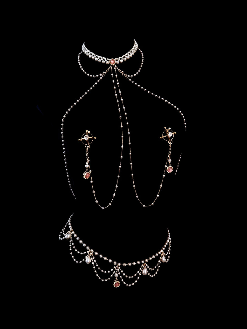 Gothic Pearl Choker - Rhinestone with Body Chain product view 2 | Blackyyds