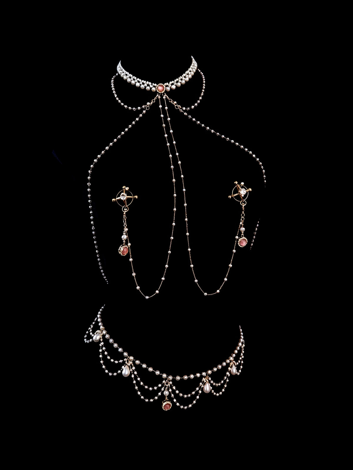 Gothic Pearl Choker - Rhinestone with Body Chain product view 2 | Blackyyds