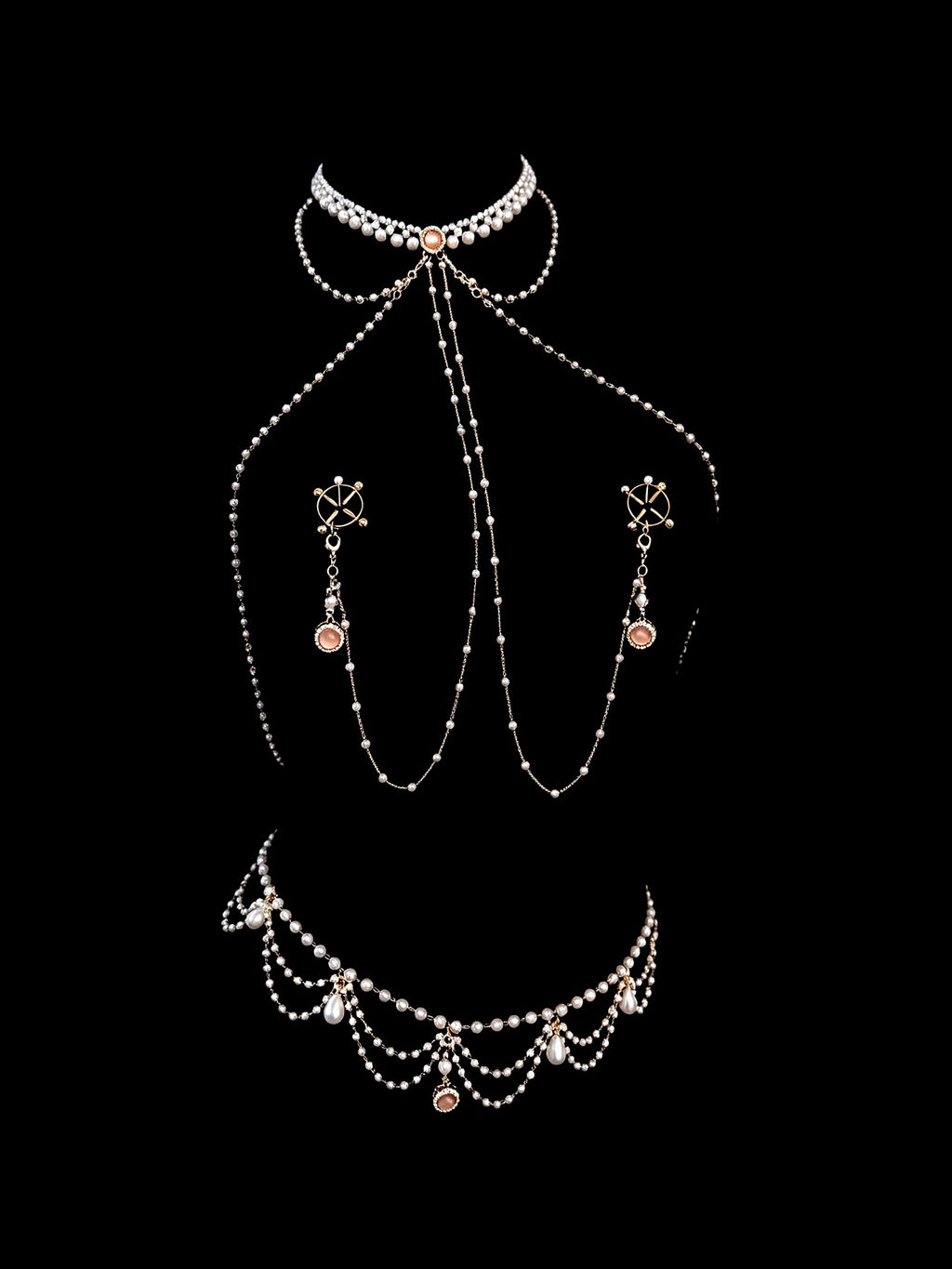 Gothic Pearl Choker - Rhinestone with Body Chain angle view | Blackyyds