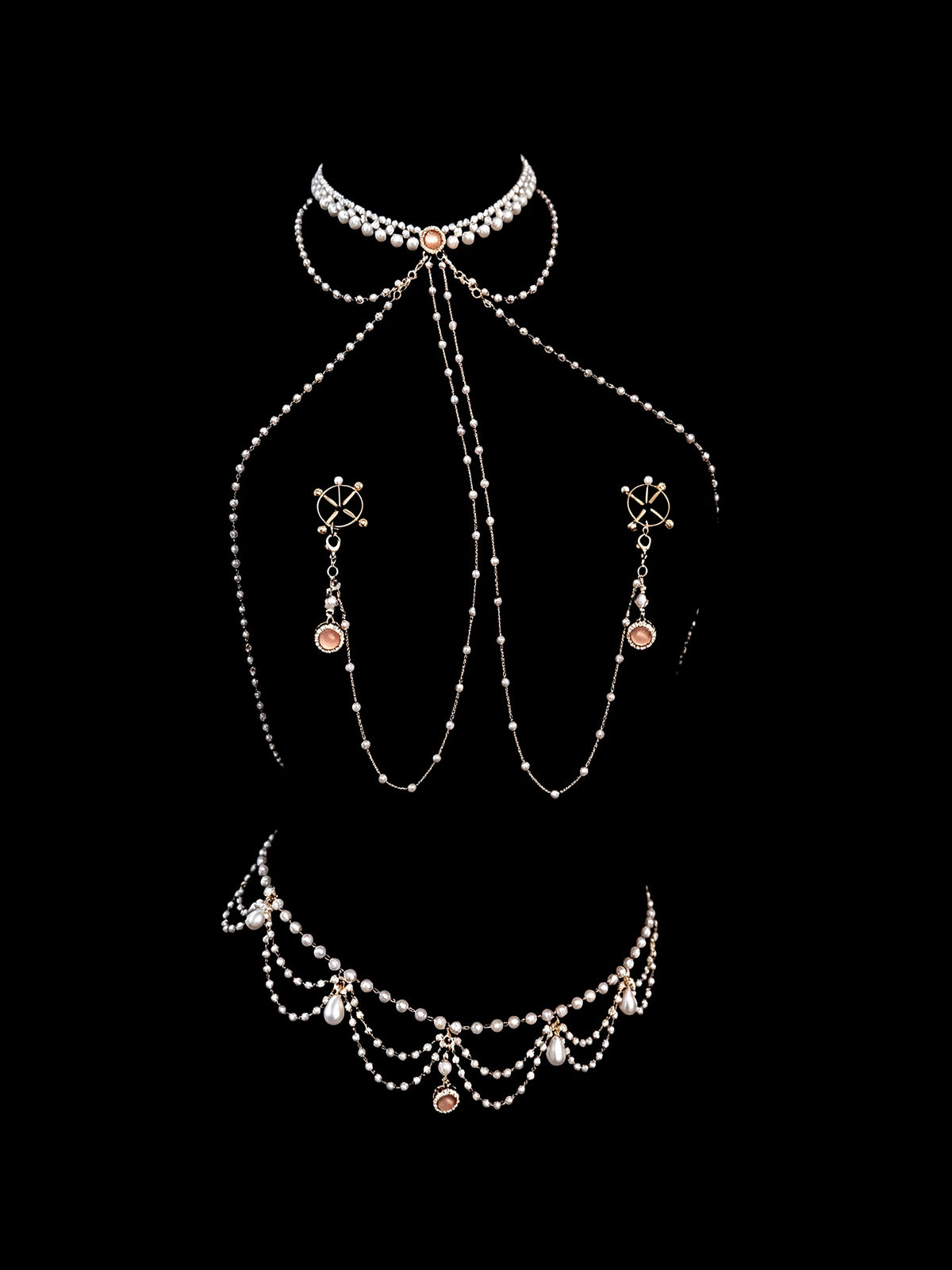 Gothic Pearl Choker - Rhinestone with Body Chain angle view | Blackyyds