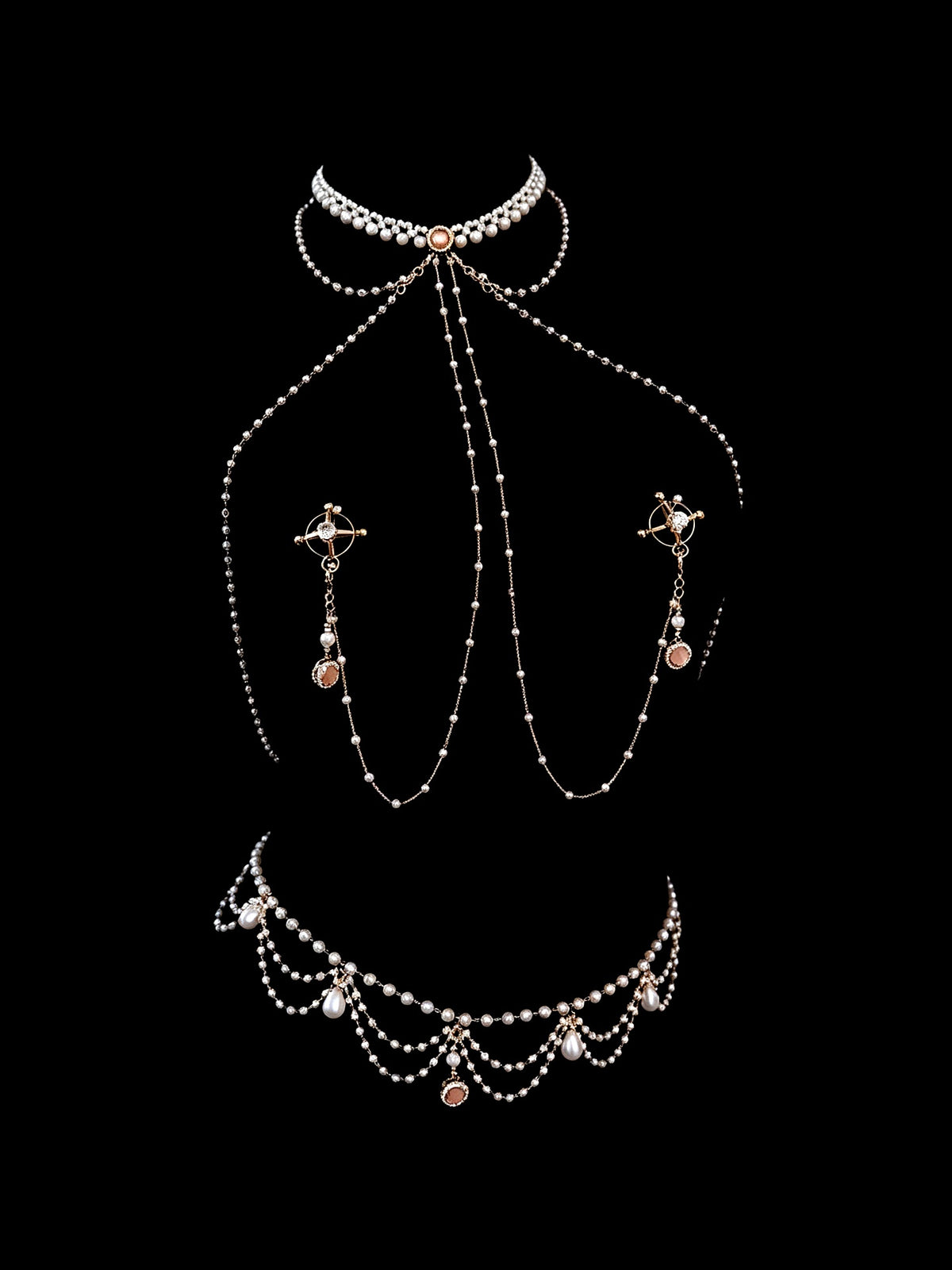 Gothic Pearl Choker - Rhinestone with Body Chain belly chain detail shot | Blackyyds