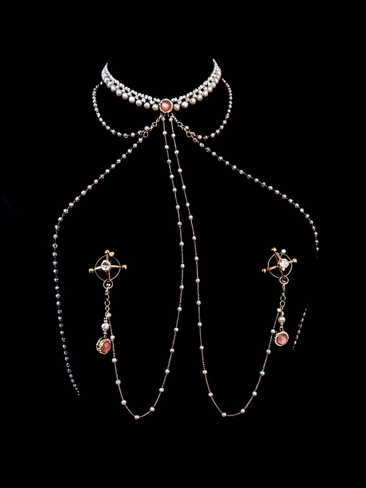 Gothic Pearl Choker - Rhinestone with Body Chain waist chain product view 4 | Blackyyds