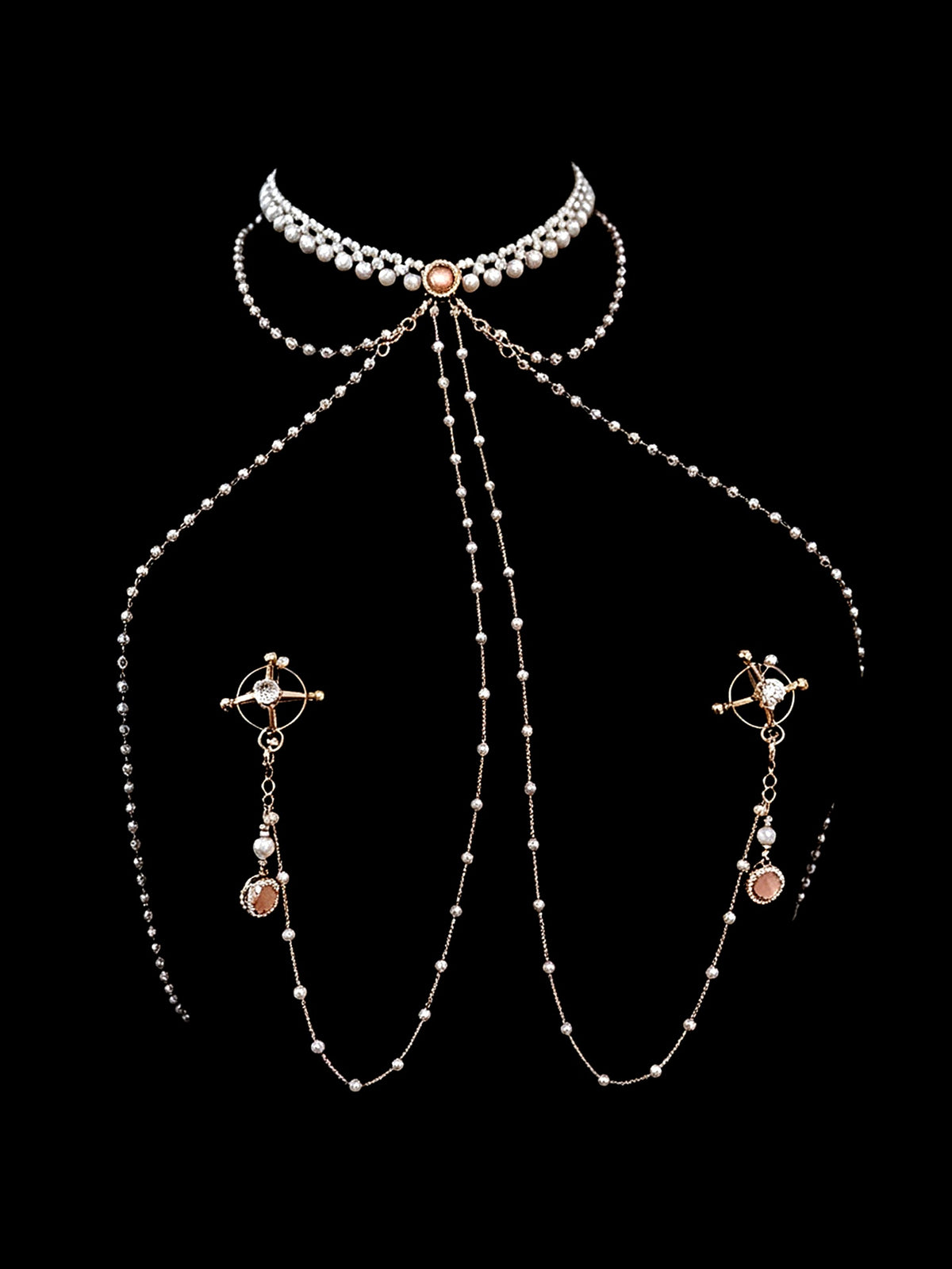 Gothic Pearl Choker - Rhinestone with Body Chain product view 5 | Blackyyds