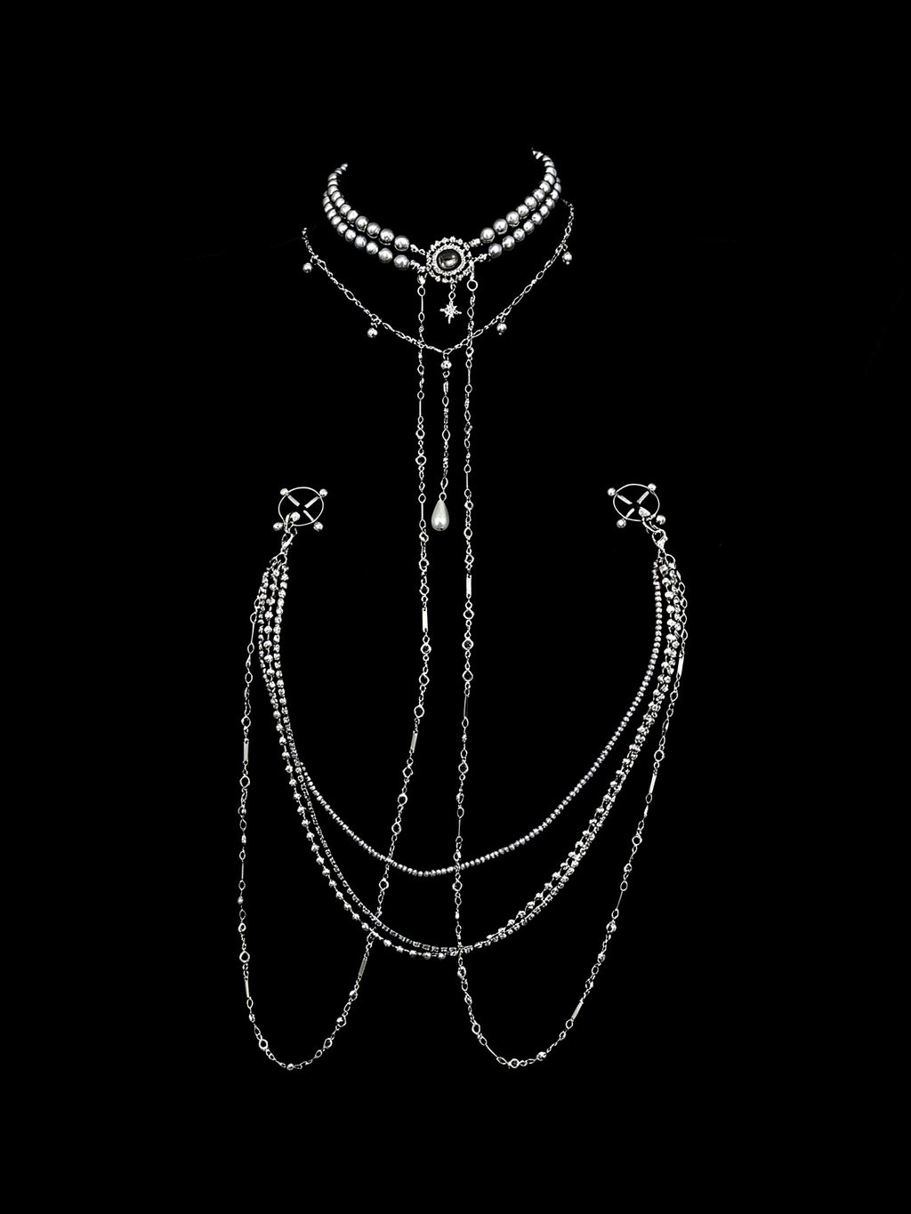 Gothic Pearl Choker - Rhinestone with Body Chain | Blackyyds