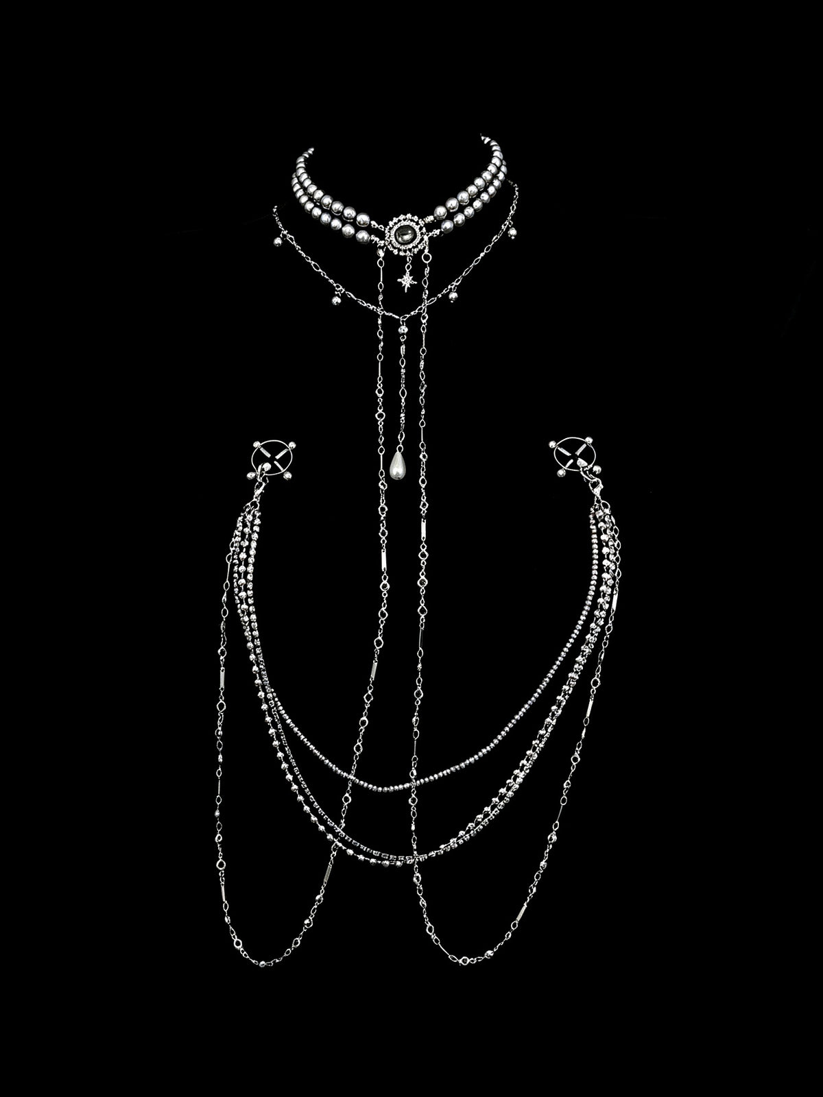 Gothic Pearl Choker - Rhinestone with Body Chain | Blackyyds
