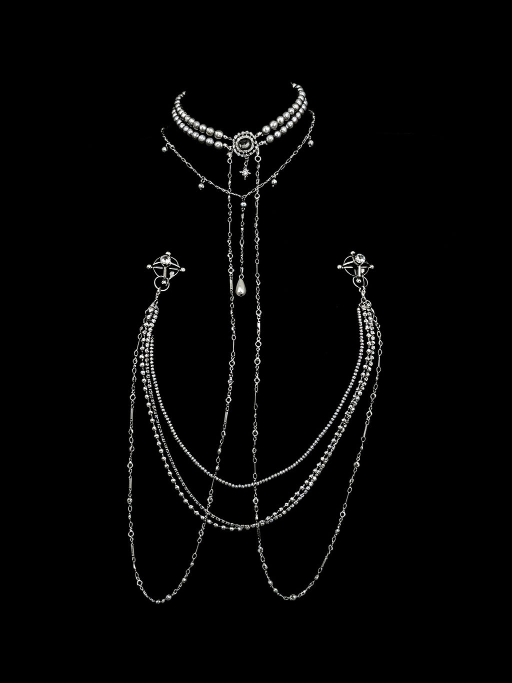 Gothic Pearl Choker - Rhinestone with Body Chain close-up detail | Blackyyds