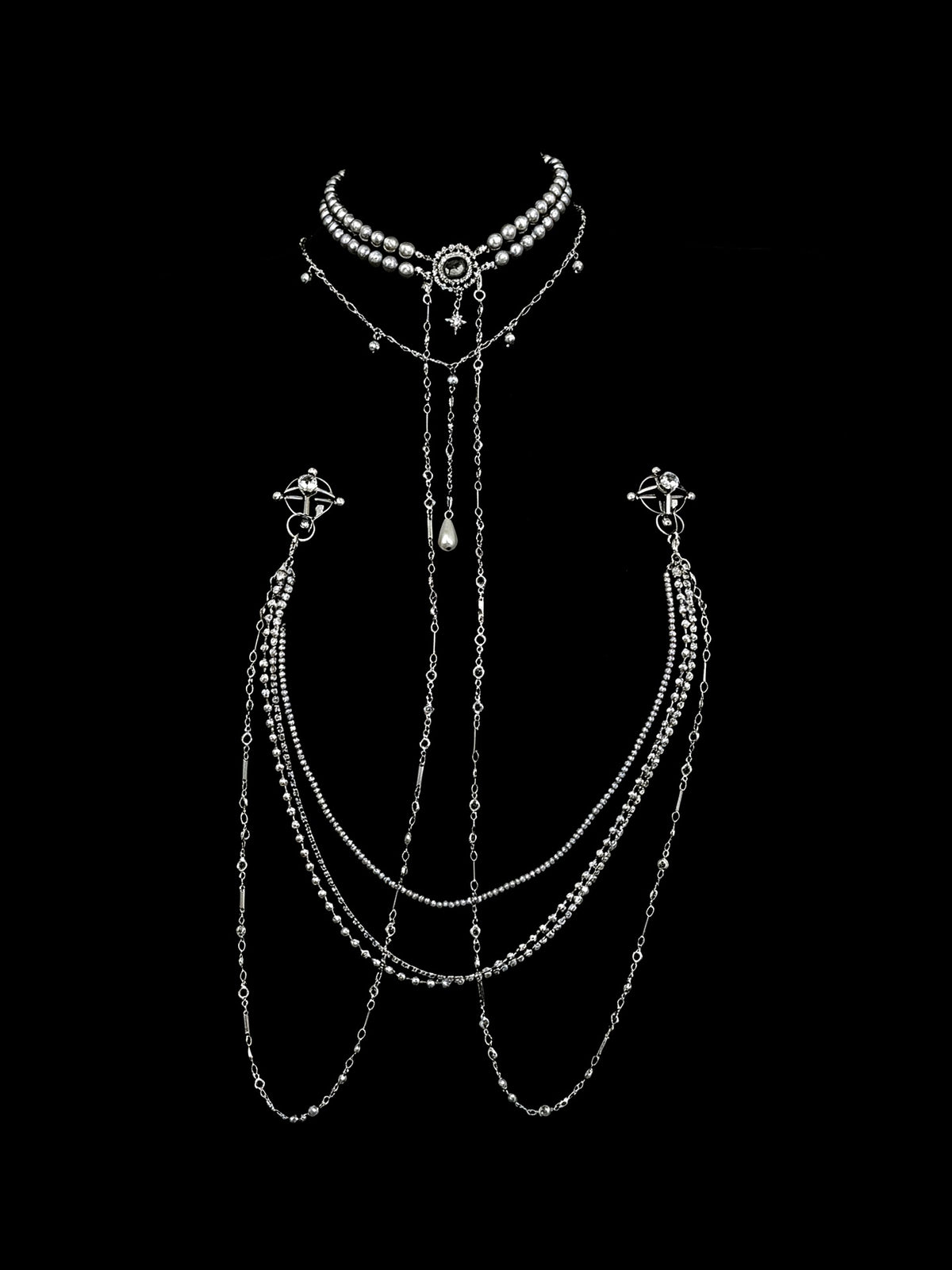 Gothic Pearl Choker - Rhinestone with Body Chain close-up detail | Blackyyds