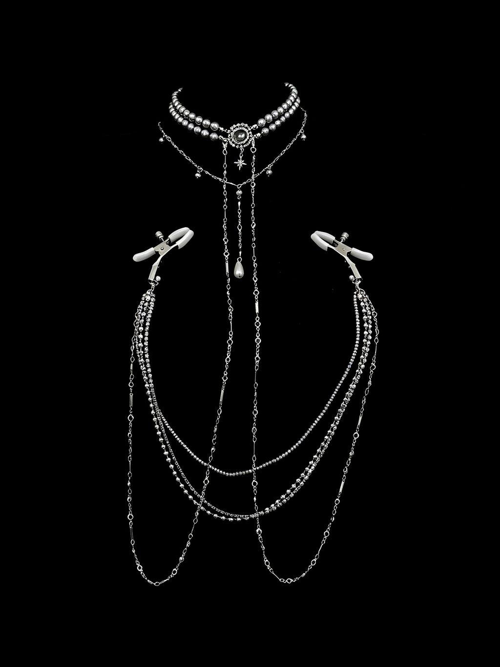 Gothic Pearl Choker - Rhinestone with Body Chain product view 2 | Blackyyds