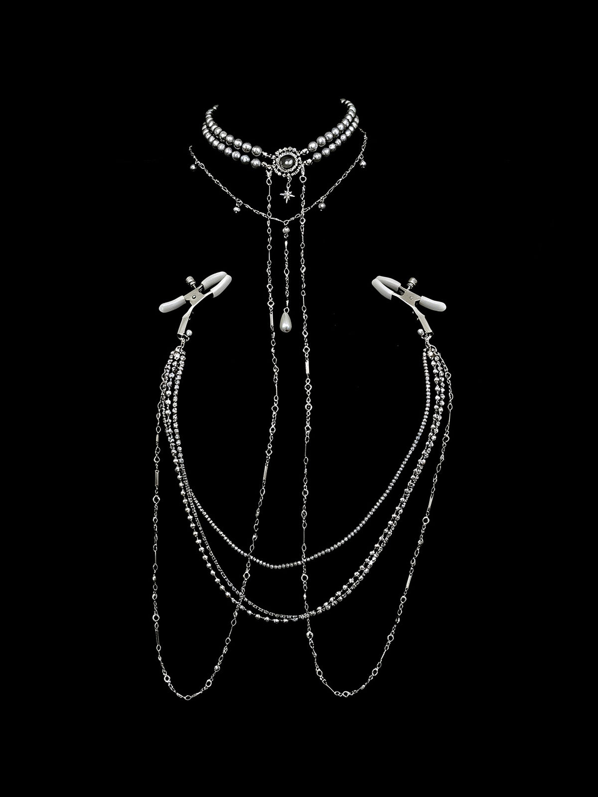 Gothic Pearl Choker - Rhinestone with Body Chain product view 2 | Blackyyds