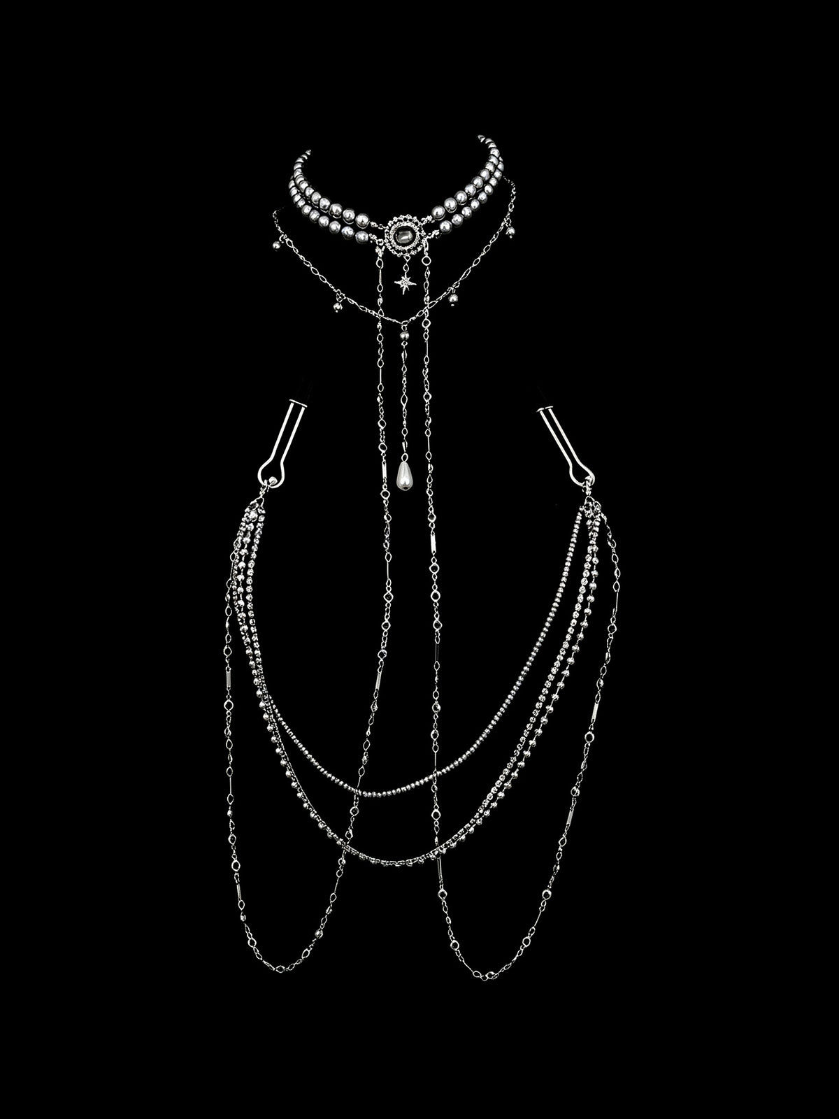 Gothic Pearl Choker - Rhinestone with Body Chain angle view | Blackyyds