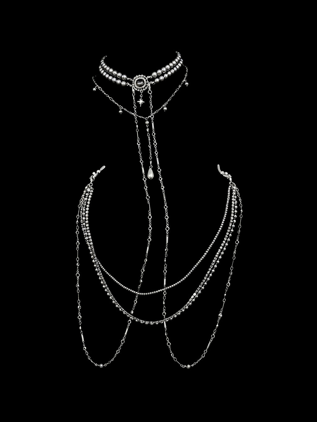 Gothic Pearl Choker - Rhinestone with Body Chain belly chain detail shot | Blackyyds