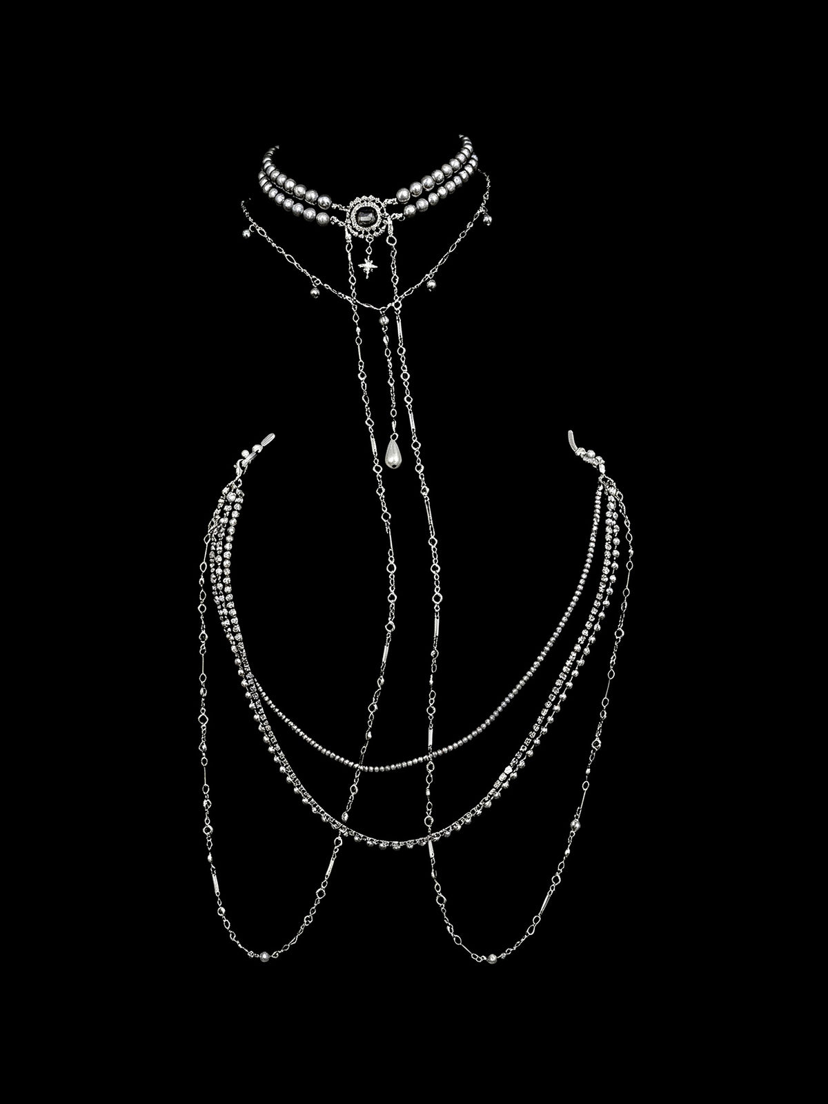 Gothic Pearl Choker - Rhinestone with Body Chain belly chain detail shot | Blackyyds
