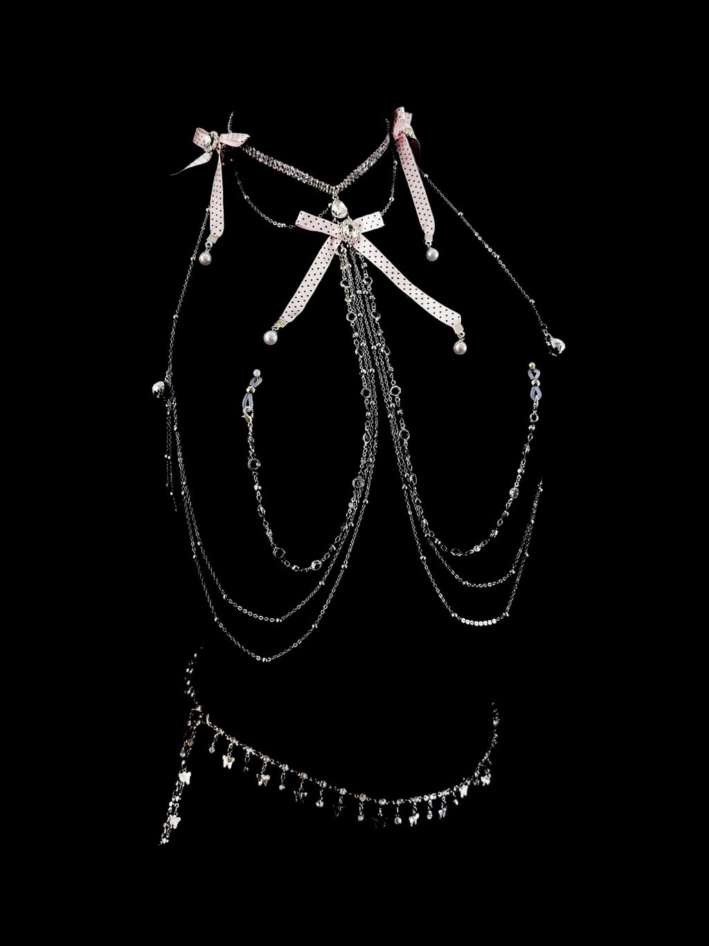 Gothic Polka-Dot Bow Bell Choker - with Body Chain | Blackyyds