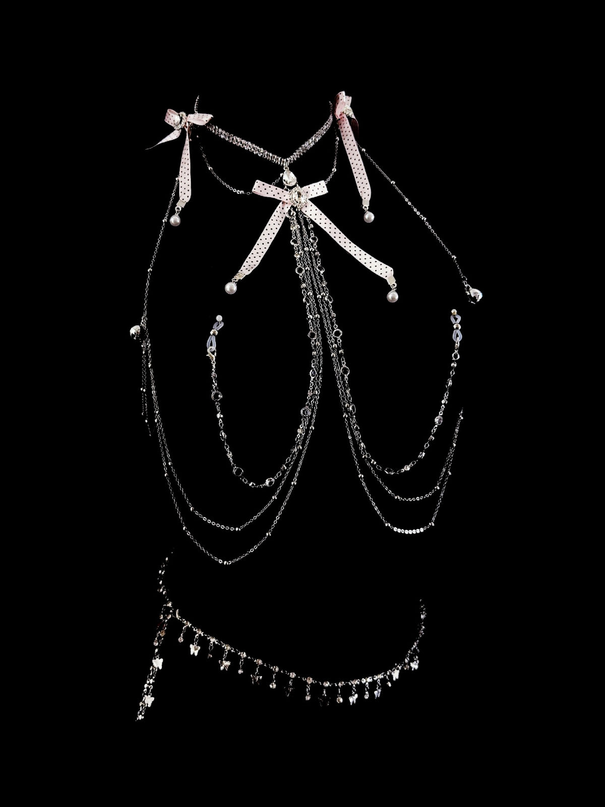 Gothic Polka-Dot Bow Bell Choker - with Body Chain | Blackyyds