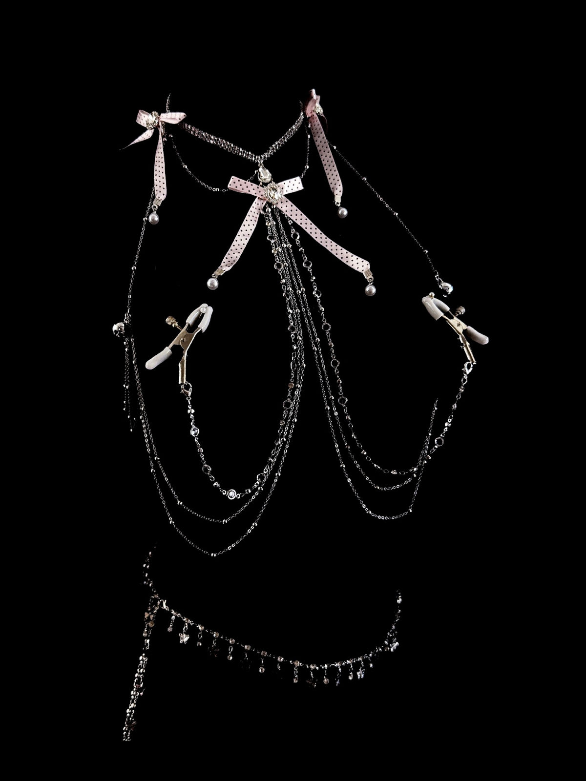 Gothic Polka-Dot Bow Bell Choker - with Body Chain close-up detail | Blackyyds