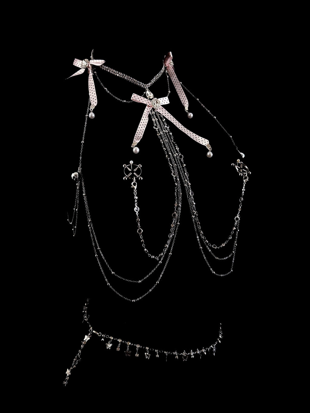 Gothic Polka-Dot Bow Bell Choker - with Body Chain product view 2 | Blackyyds