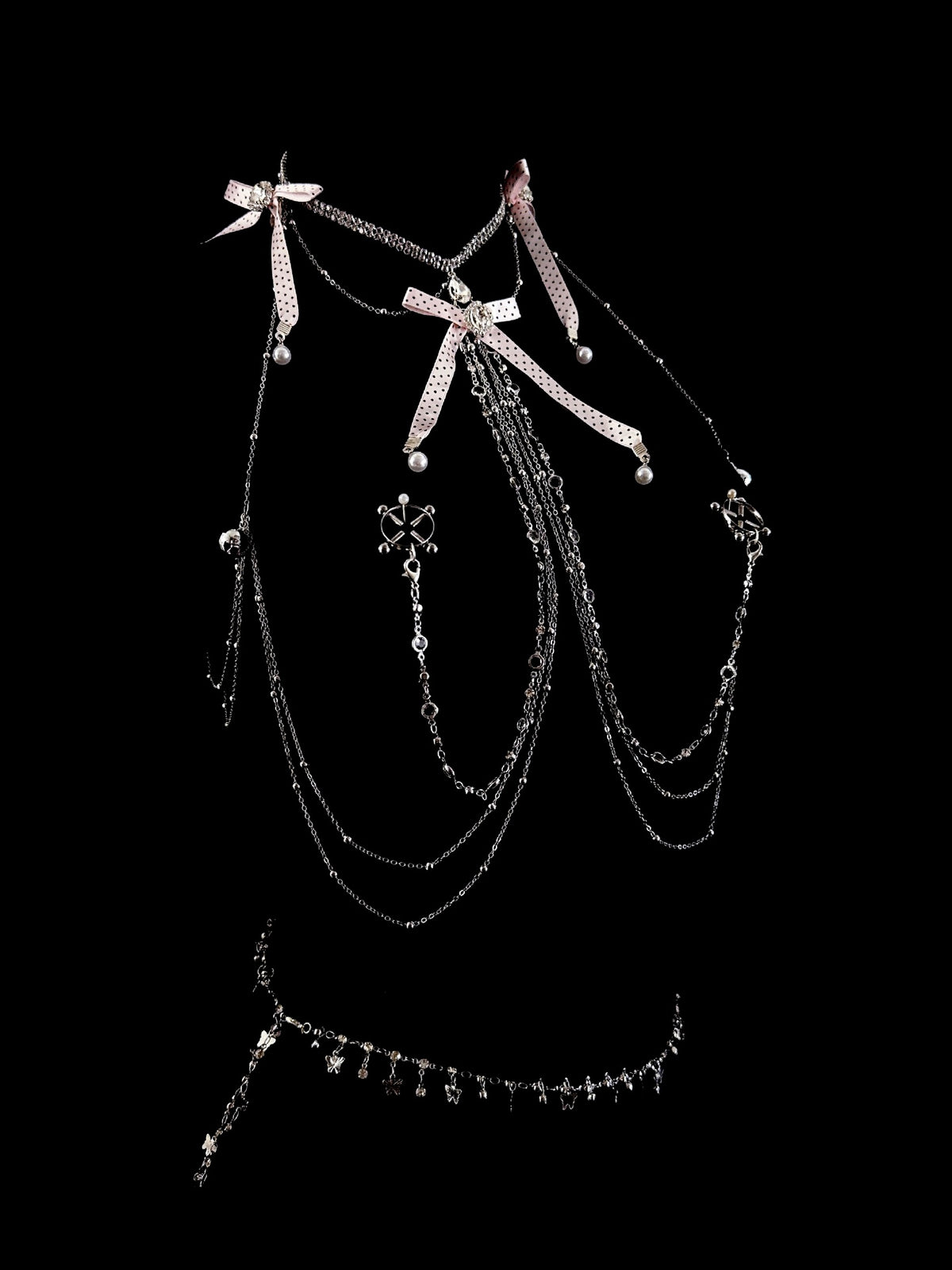 Gothic Polka-Dot Bow Bell Choker - with Body Chain product view 2 | Blackyyds
